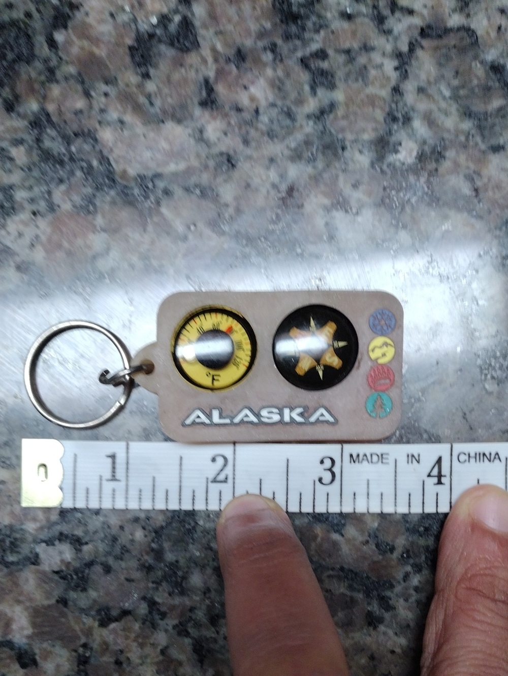 Alaska Keychain Thermometer Compass - Brown like new approx length 3.5"